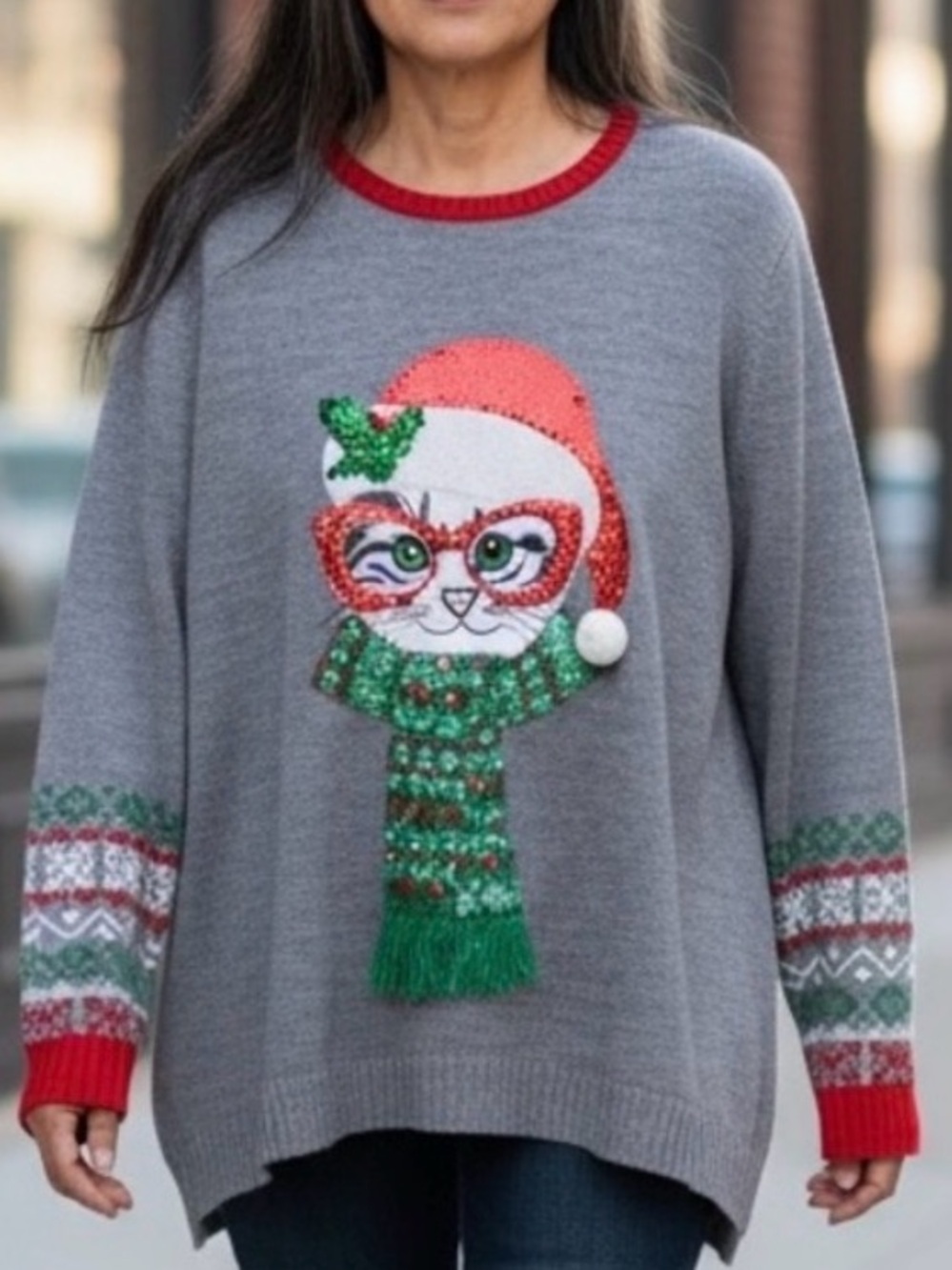 Gray Holiday Cat Knit Sweater with Red Trim 1X/ 16